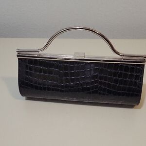 Black Crocodile Embossed Clutch with Silver Handle